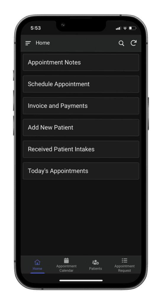 ChiroApp in a dark setting with black/white choice blue.